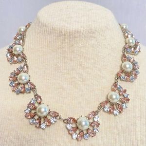 Choker Necklace Cental Faux Pearl Pink Marquis Square Clear Rhinestones Clusters
